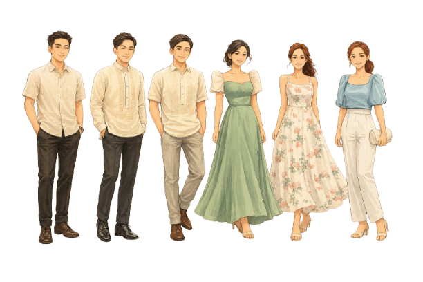 Illustration of guests in Filipiniana attire — men in barongs, women in long gowns and summer floral dresses.